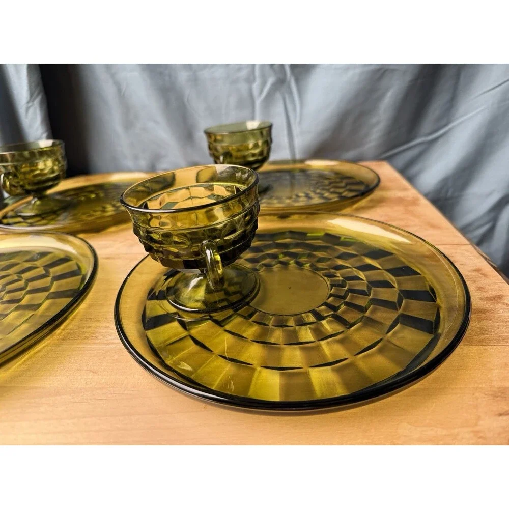 VTG Indiana Colony Glass Color Crown Green Thumbprint Snack  Plate w Cup 4 Sets